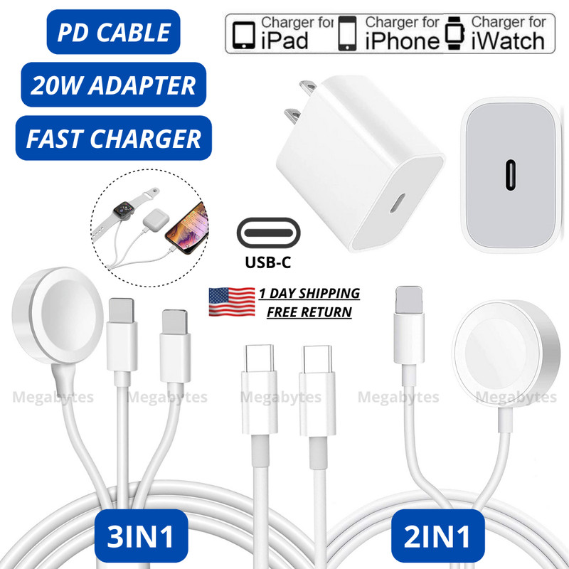 For iPhone Watch iWatch 3 in 1 Magnetic Type C Adapter Fast Charge Cable Charger