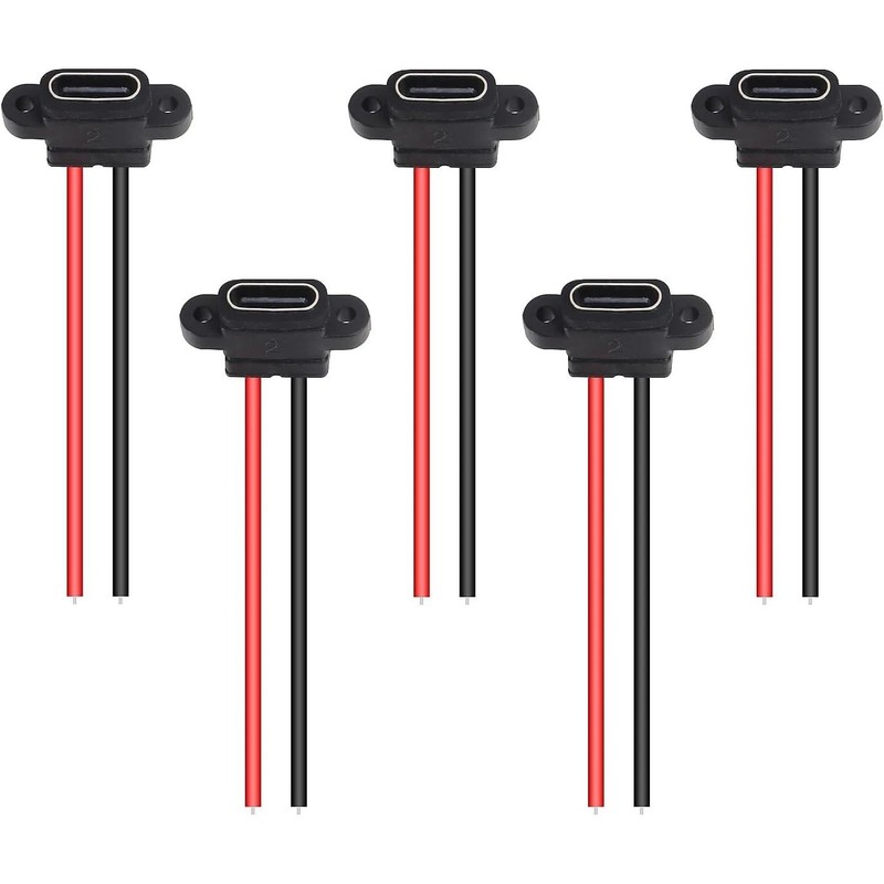 5pc Type-C Female 2-Pin Waterproof Socket Connector – 3A USB-C DIY Charging Port