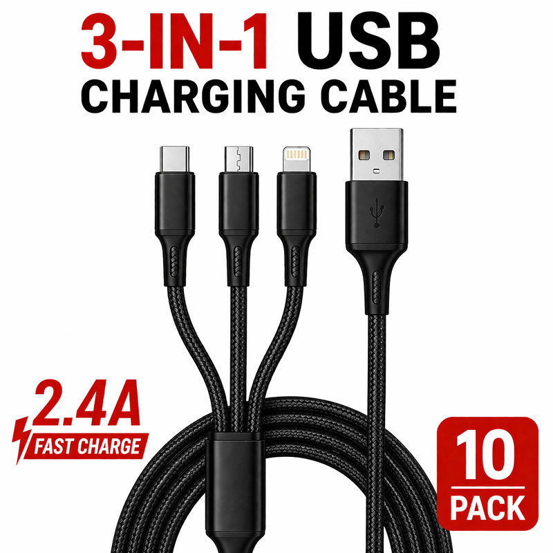 10 Packs 3in1 Fast USB Charging Cable For USB-C, Micro USB, and 8-Pin connectors