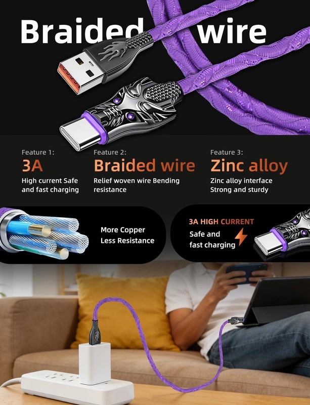 USB C Cable 60W [5-Pack 10FT] Braided Fast Charging, Extra Long, RGB Indicato... gallery