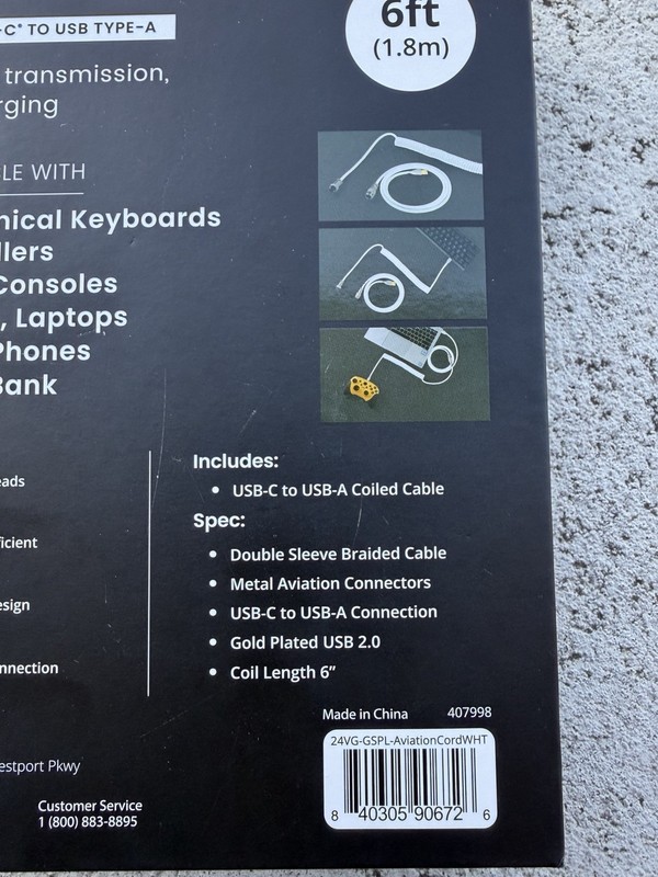 GAMESTOP 6 FT COILED KEYBOARD CABLE TYPE-C TO USB-A FOR GAMING KEYBOARD, WHITE gallery