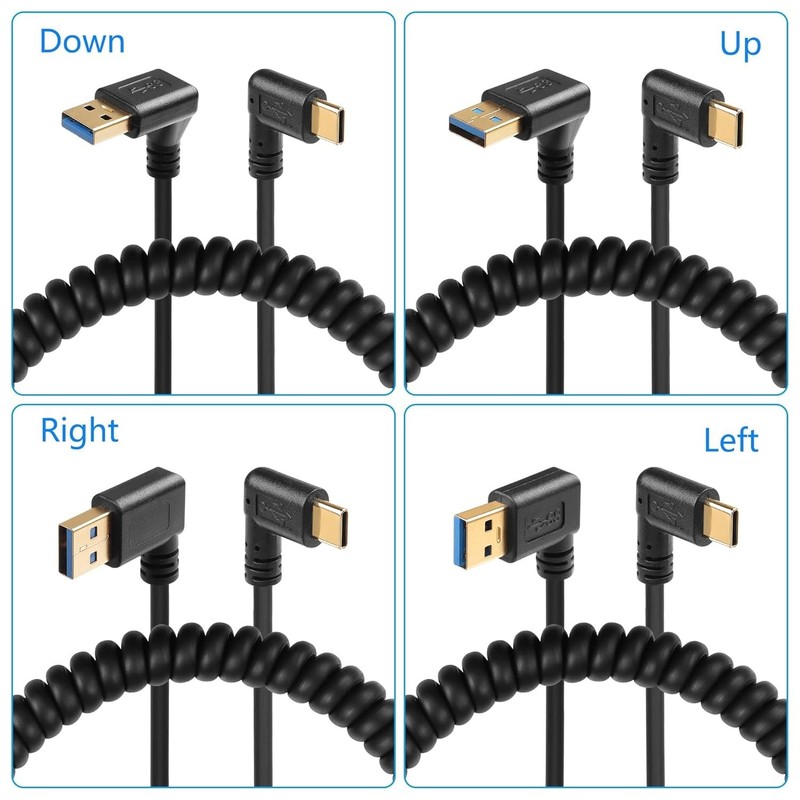 90 Degree Down Angle USB C Spring Cable, 5Gbps, Retractable, USB3.0, Charger gallery