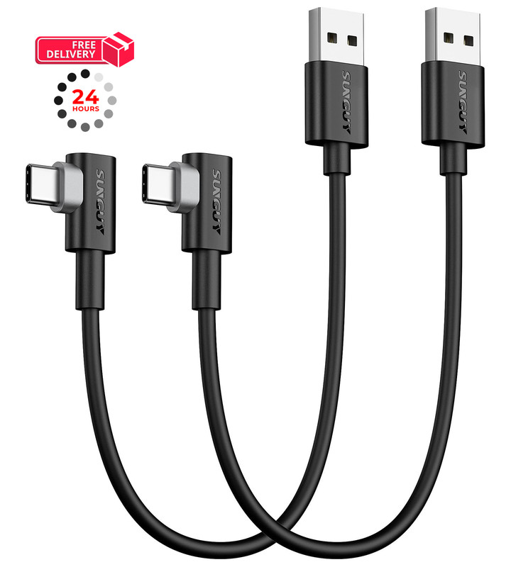 SUNGUY USB C 90 Degree Cable 1FT, 2-Pack Right Angle 3A 2.0 1ft, Black