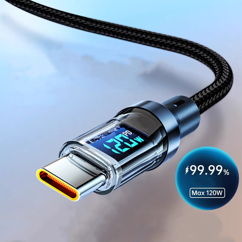 120W/100W USB-C,C-C Cable Phone Braided Fast Lead Charger LED Dynamic Power Wire