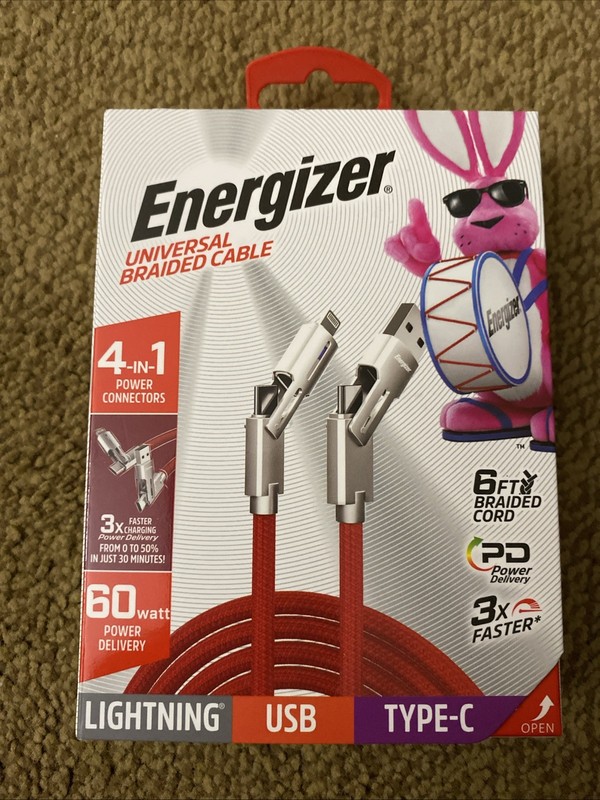 Energizer Universal 6ft Braided Cable 4-in-1 Power Connector 60 Watt PD FreeShip