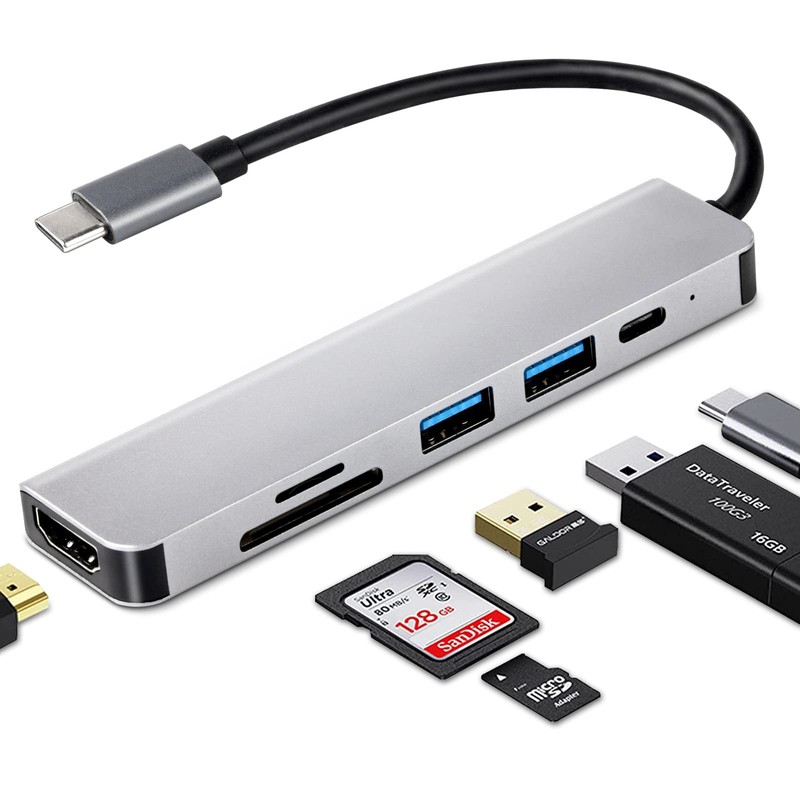 USB C Hub 6 in 1 Dongle USB-C to HDMI Multiport Adapter w/ 4K HDMI Output 3 USB