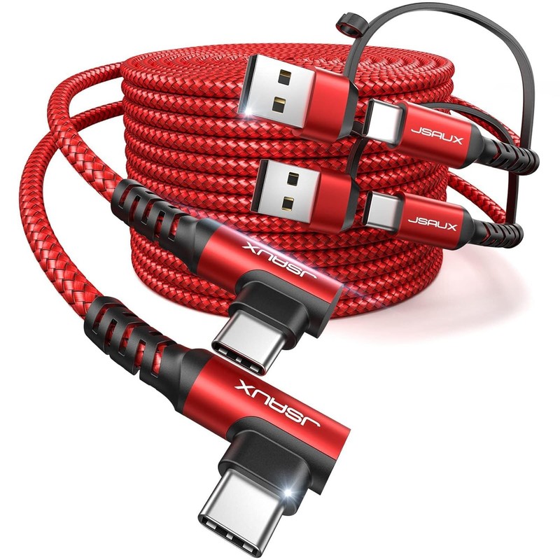 JSAUX 100W USB C Cable [2-Pack 6.6FT], Right Angle Fast Charging 6.6FT, Red