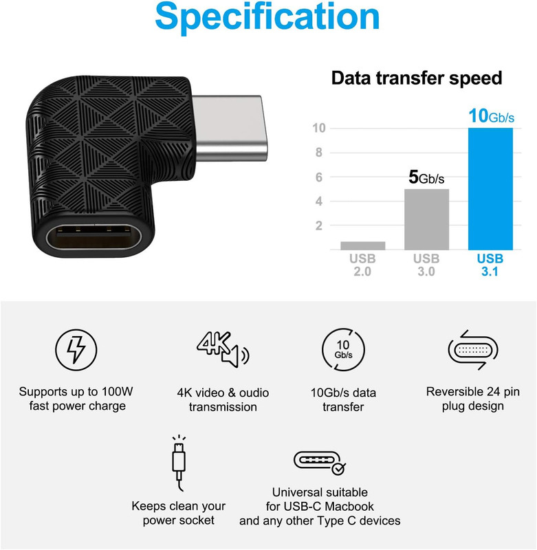 USB C Right Angle Adapter,90 Degree USB C to USB Type-C Male to Female Adapter ( gallery