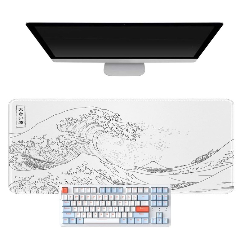 Large Gaming Mouse Pad with Stitched Edges,Non-Slip Base Desk Pad,White Wave ... gallery