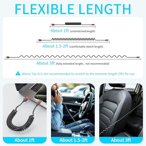 Coiled USB C Cable for Car, 2 Pack Type C Coiled Cable Fast 3FT USB A-C gallery