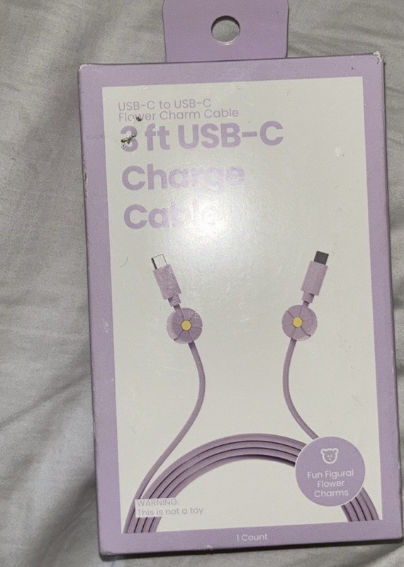 New USB-C to USB-C Flower Charm Charging Cable 3ft Fast 60W Purple Cord Cute