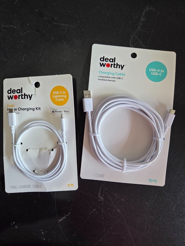 Dealworthy Set of 2 USB-A to USB-C 10ft & USB-C to IPhone 3ft Charging Cable