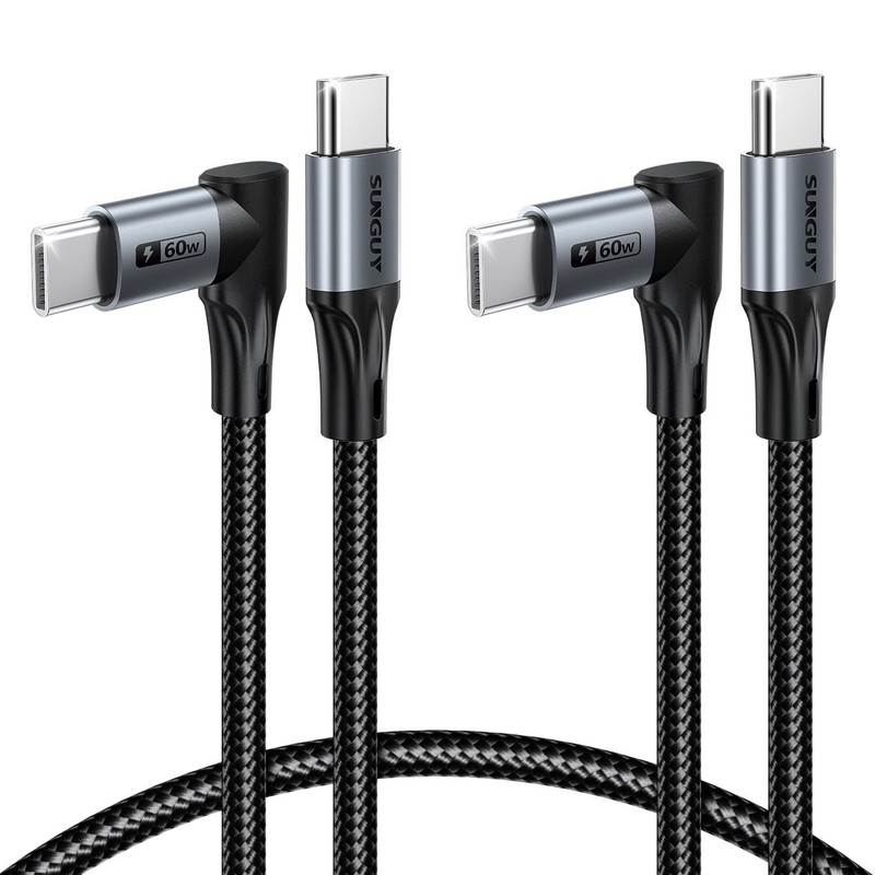 SUNGUY Longer Right Angle USB C Cable for Thick Cases 2FT 2FT+2FT, Grey