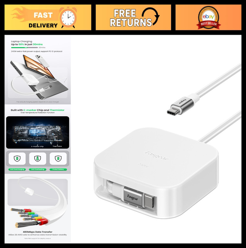 240W USB C to USB C Retractable Cable 2m Fast Charging 5A PD/PPS 480Mbps Data Tr
