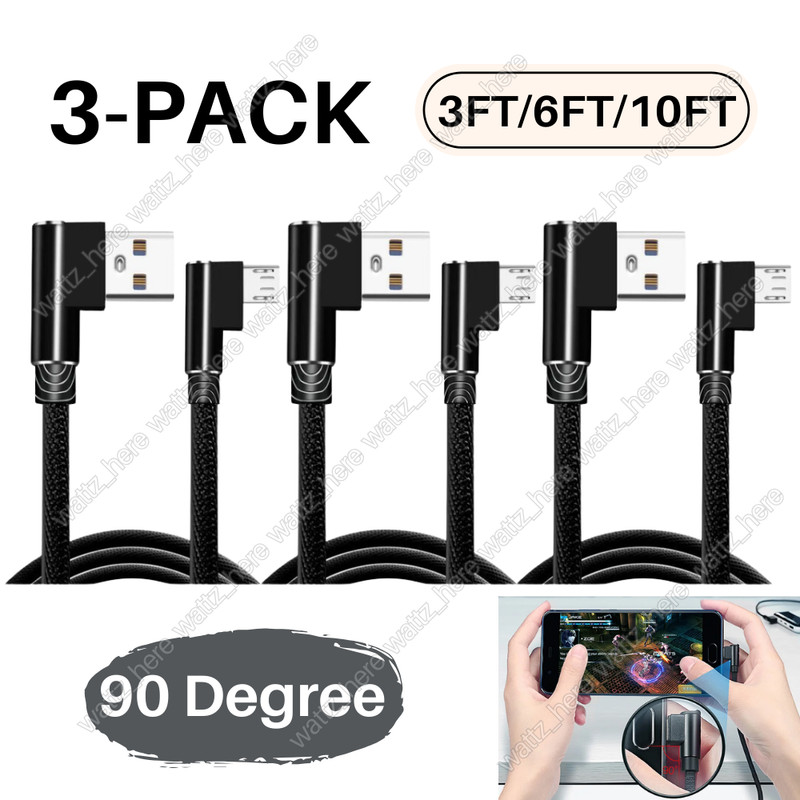 3-Pack 90 Degree Right Angle Micro USB Cable Fast Charger 3/6/10FT For Samsung
