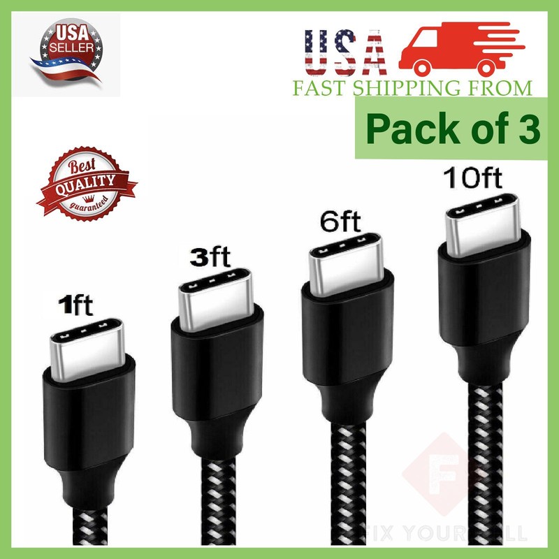 3 x Braided USB C Type-C Fast Charging Data SYNC Charger Cable 1/3/6/10 FT LONG