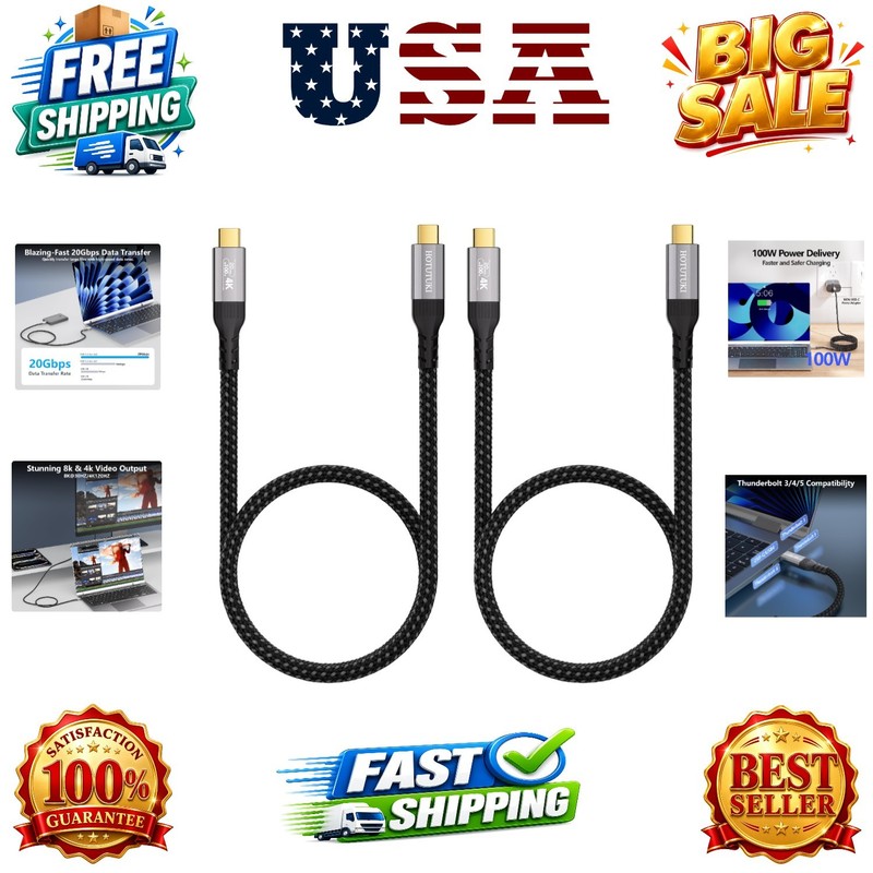 2-Pack Short 2FT usb-c cables,20Gbps Data Charging Cable,100W USB 3.2 Gen 2 H…