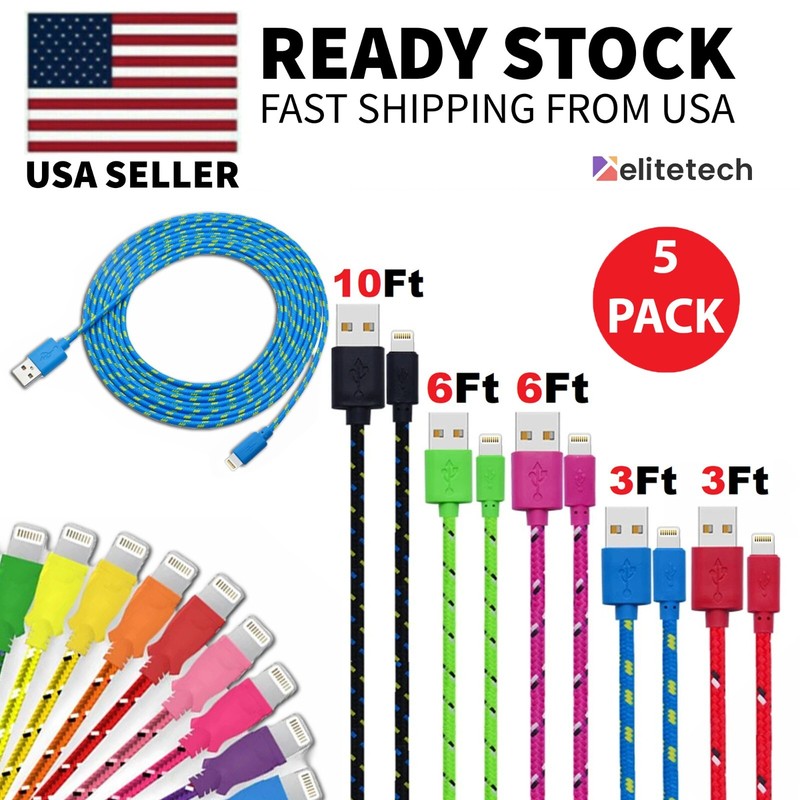 Charging Data Cable 5 Pack 3/6/10ft Charger Nylon Braided For Apple iPhone iPad