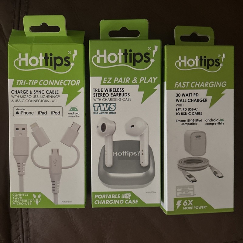 HotTips Lot Of 3 Wireless Earbuds Wall Charger Charge & Sync Cable NEW READ