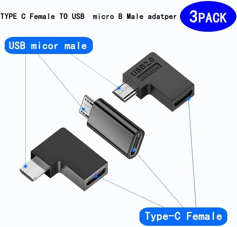 USB-C to Micro USB Adapter 90 Degree Left Right Angled 3 Pack gallery