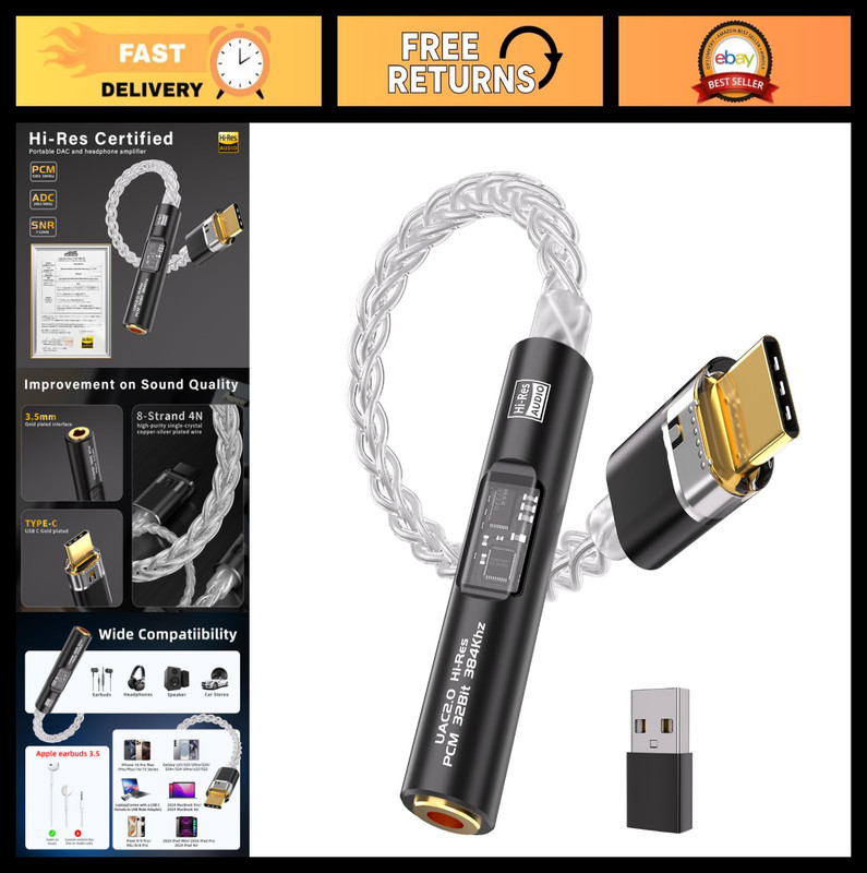 USB C to 3.5mm Audio Adapter, HiFi DAC & Amplifier, 8-Strand Silver-Plated Cable