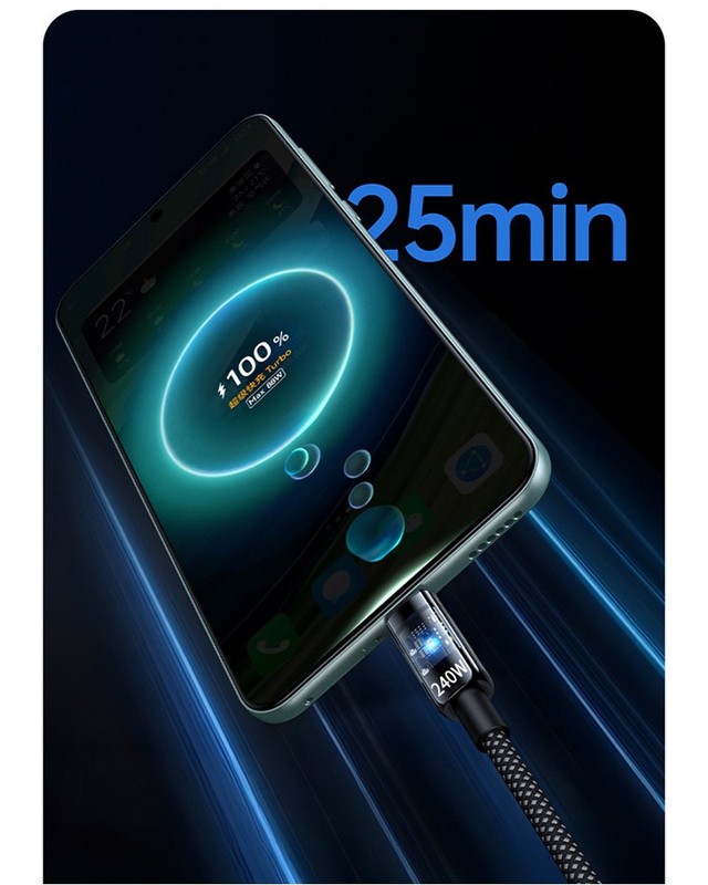 240W USB to Type-C Cable Braided Phone Fast Lead Charger 10A with LED Lighting gallery