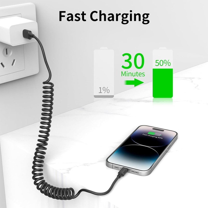 Spring Coiled Cord Fast Charge&Data Cable For iPhone 14 13 12 11 Plus/ProMax Lot gallery