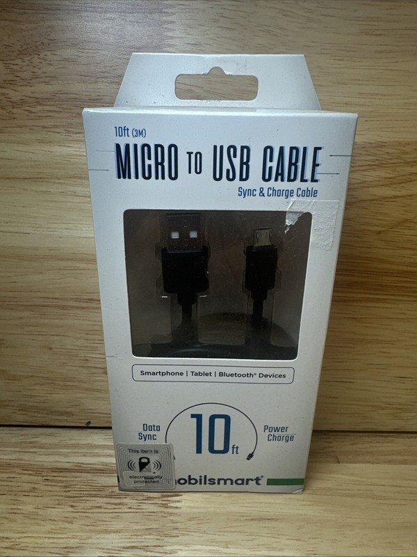 Black 10Ft Micro to USB Cable – Sync & Charge Cable Mobilsmart by MobilEssential
