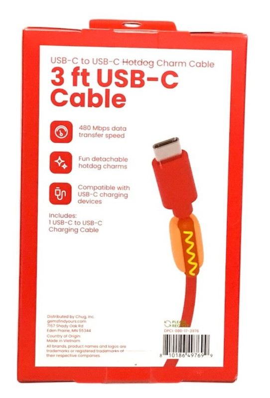 3 Foot USB-C Cable - Special Hotdog Charm Cable - Fun Creative Gift - Brand New gallery