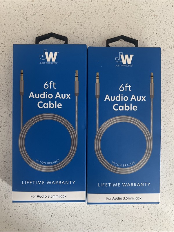 JW Just Wireless 6 Ft Audio Aux 2 Cables Audio 3.5mm Jack Gray Nylon Braided