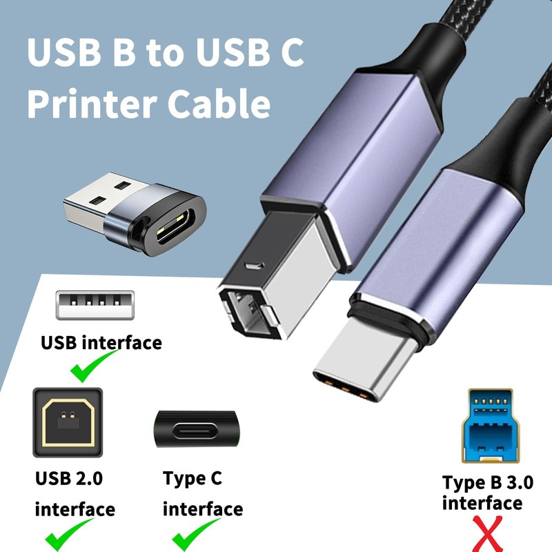 2 in 1 USB Type C to USB B 2.0 Printer Cable 2M, USB C MIDI Cable gallery