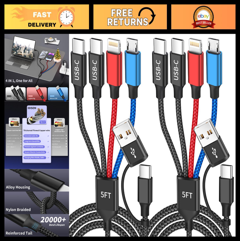 4-in-2 Multi Charging Cable with Dual Type-C Ports, 5FT USB A/C Charger for iPho