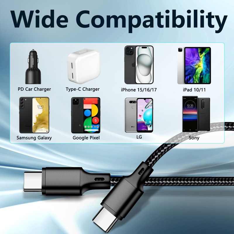 USB C to USB C Charger Cable 5 Pack 3/3/6/6/10FT Fast Charging gallery