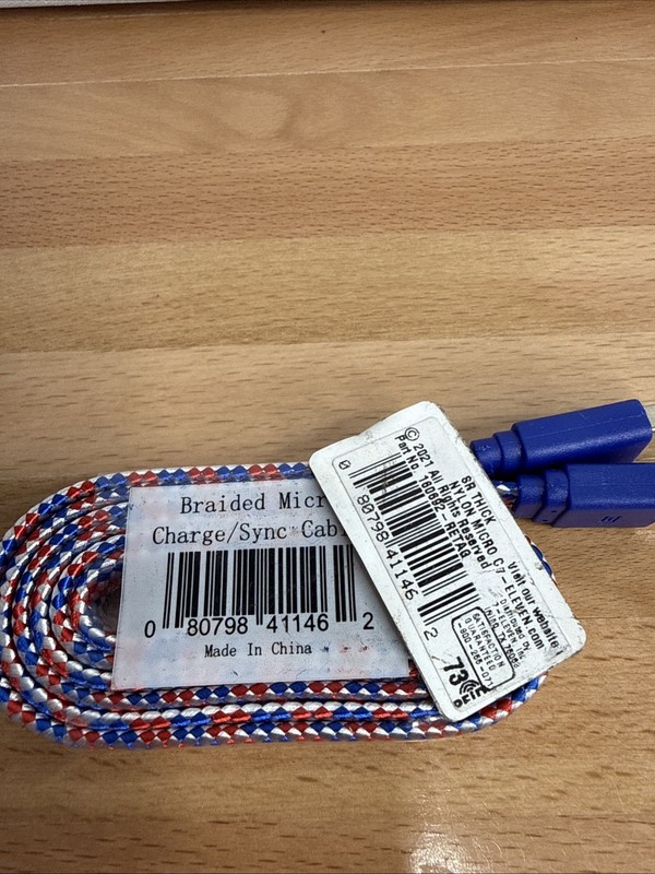 7-Eleven Braided Micro USB Charge & Sync Cable - Red, White & Blue Nylon - 3ft gallery