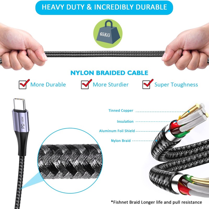 100W to Cable, 5A Fast Charging (3-Pack 6.6 Feet) Nylon Braided Data Sync Tra... gallery
