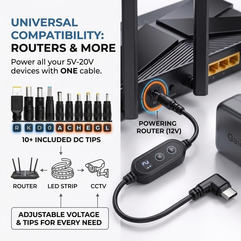 USB to DC Power Cable 60W PD Fast Charging, 90 Degree Angled -Connector, Adju... gallery