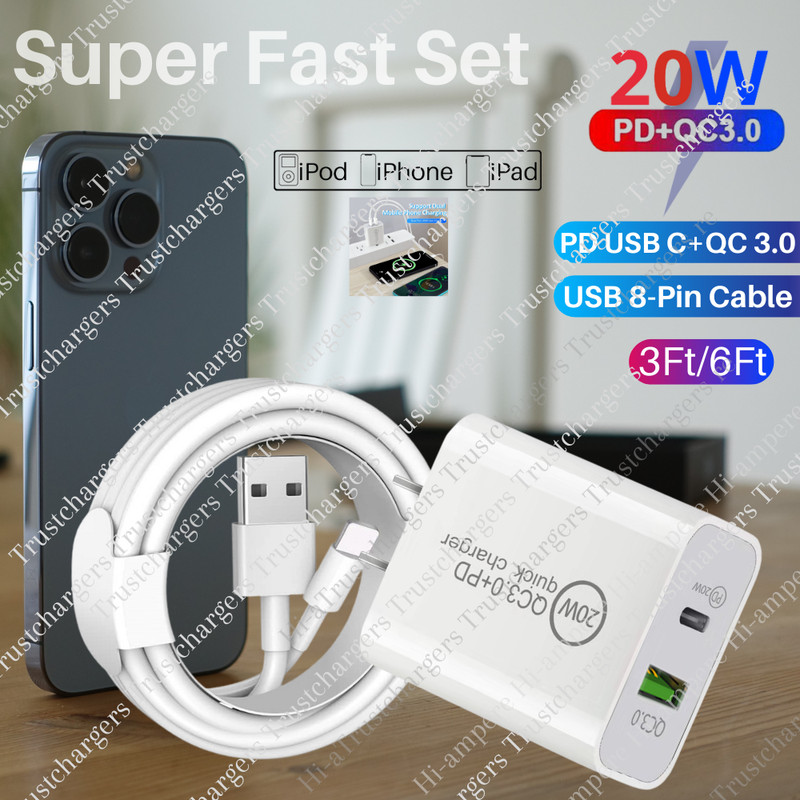 20W Dual Ports PD USB C QC 3.0 Power Adapter USB Cable For iPhone 14/13/12/11/8