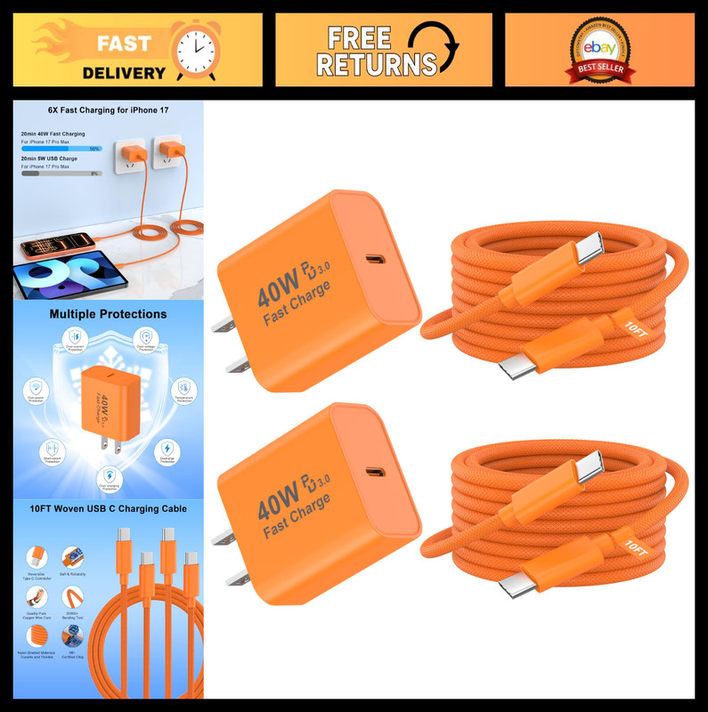 Fast Charging iPhone 17 Charger 2 Pack, 40W USB C with 10FT Woven Cable for iPho