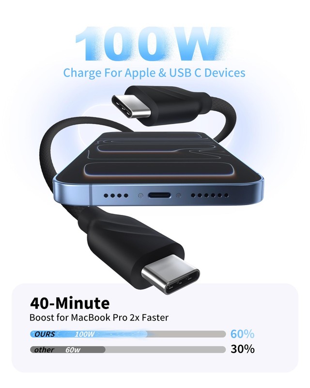 USB C to USB C Cable, 10ft, 100W PD 5A Fast Charging Cord, Nylon Braided Type... gallery