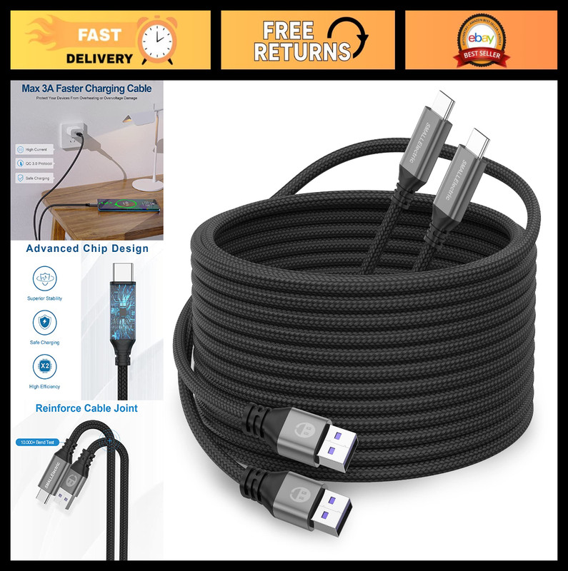 Extra Long 16ft USB Type-C Fast Charging Cable 2-Pack, Quick Charger for Samsung