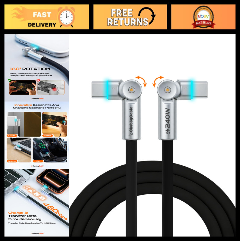 240W Dual 180° Rotating Fast Charging Cable, LED Light, Soft Silicone, 6.6ft, Du