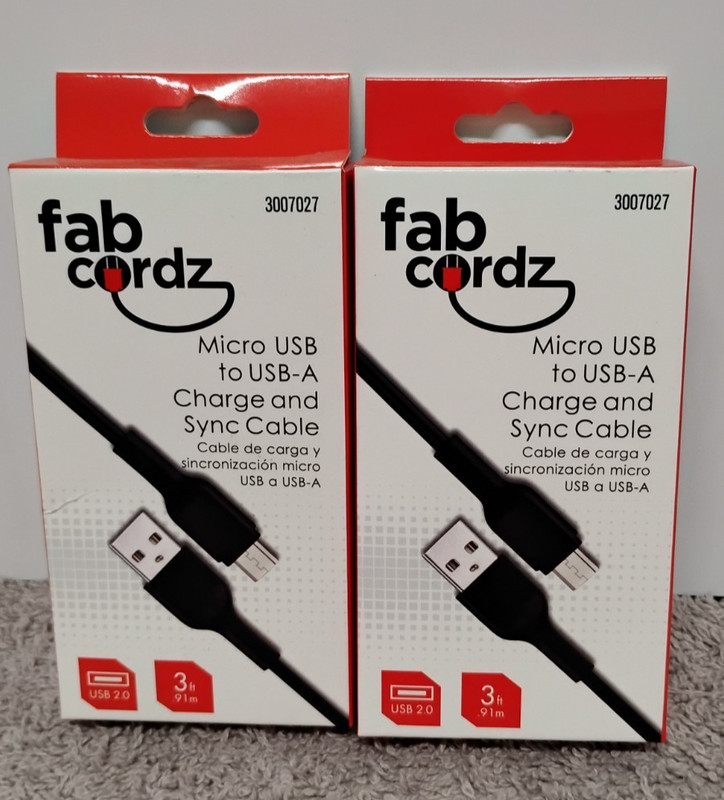 2 NEW Fabcordz 3007027 Micro USB to USB-A Charge and Sync Cable 3FT. (03)