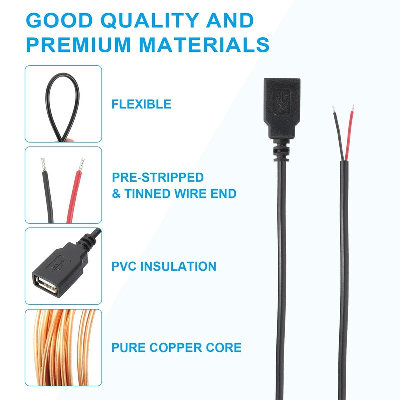 6.56Ft USB 2.0 Female to 2 Pin Bare Wire Pigtail Cable 3pcs 22AWG Power Cords... gallery