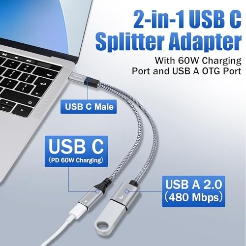 2 in 1 USB C to USB OTG Adapter & PD Charger Splitter Y Cable, Fast Charging for gallery
