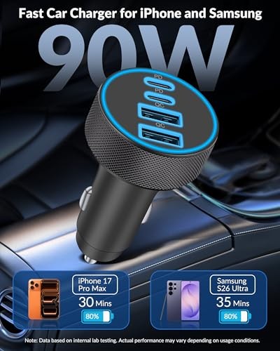 90W 4-Port USB C Car Charger with 240W 3FT Cable for iPhone 16/15, iPad, Android gallery