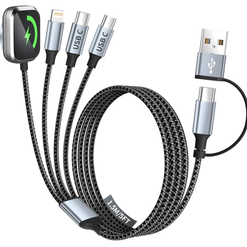4-in-2 Dual Type C Multi Charging Cable for Apple Watch & iPhone 16-11, USB A/C