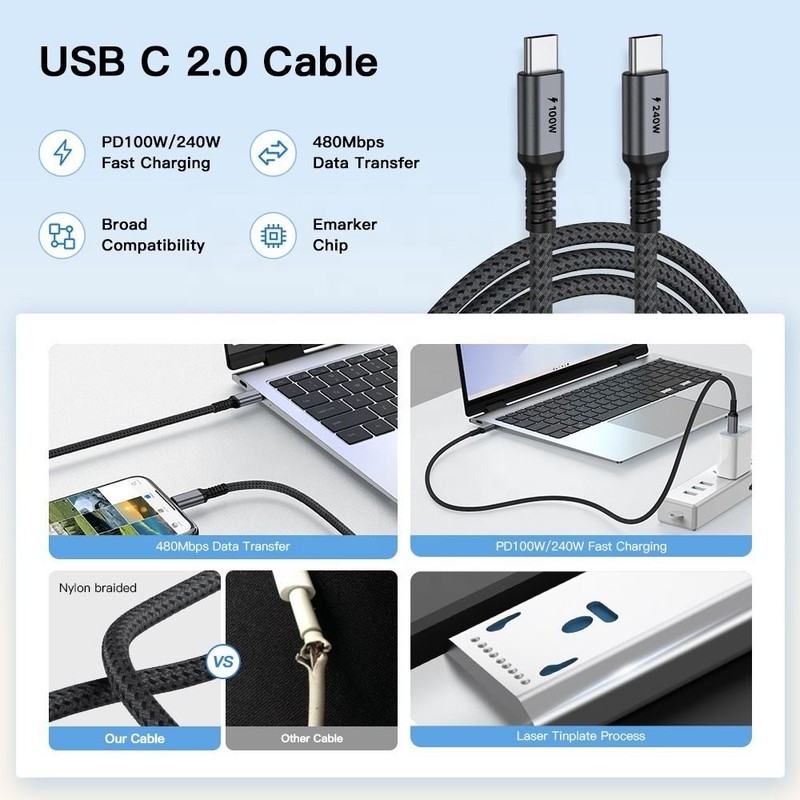 UNIEAN Wholesale USB2.0 C Data Cable 2M 3M PD240W 100W Fast Charging 480Mbps Dat gallery