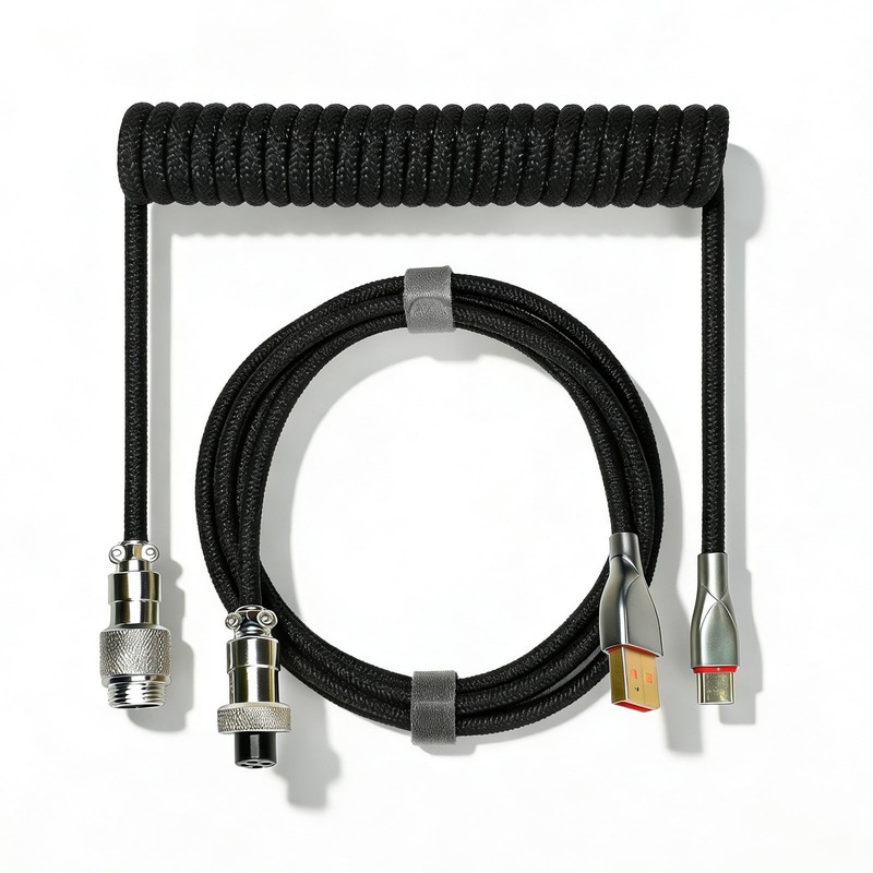 1.5M Coiled USB C To USB A Mechanical Keyboard Cable Metal Aviator Black