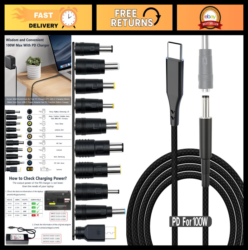 Universal USB C to DC Adapter 100W PD Power Cable & 5.5×2.1mm Jack + 10PCS Plug