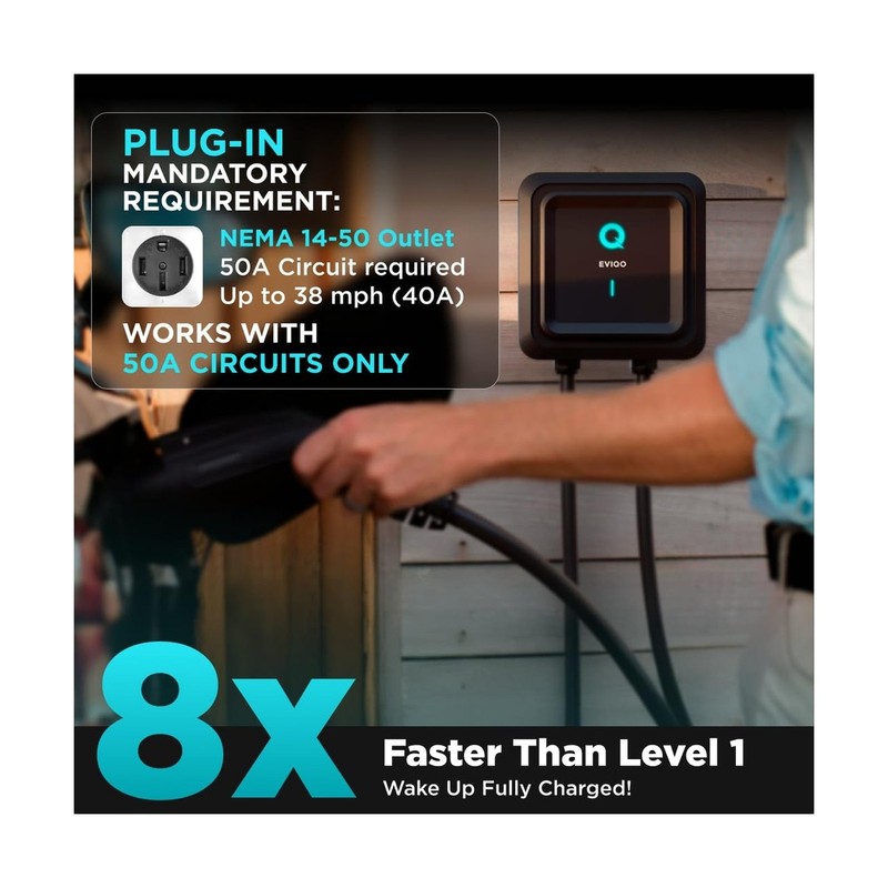 EVIQO Level 2 EV Charger, 40 Amp, J1772 for Non-Tesla EVs, 25ft Cable, WiFi (... gallery
